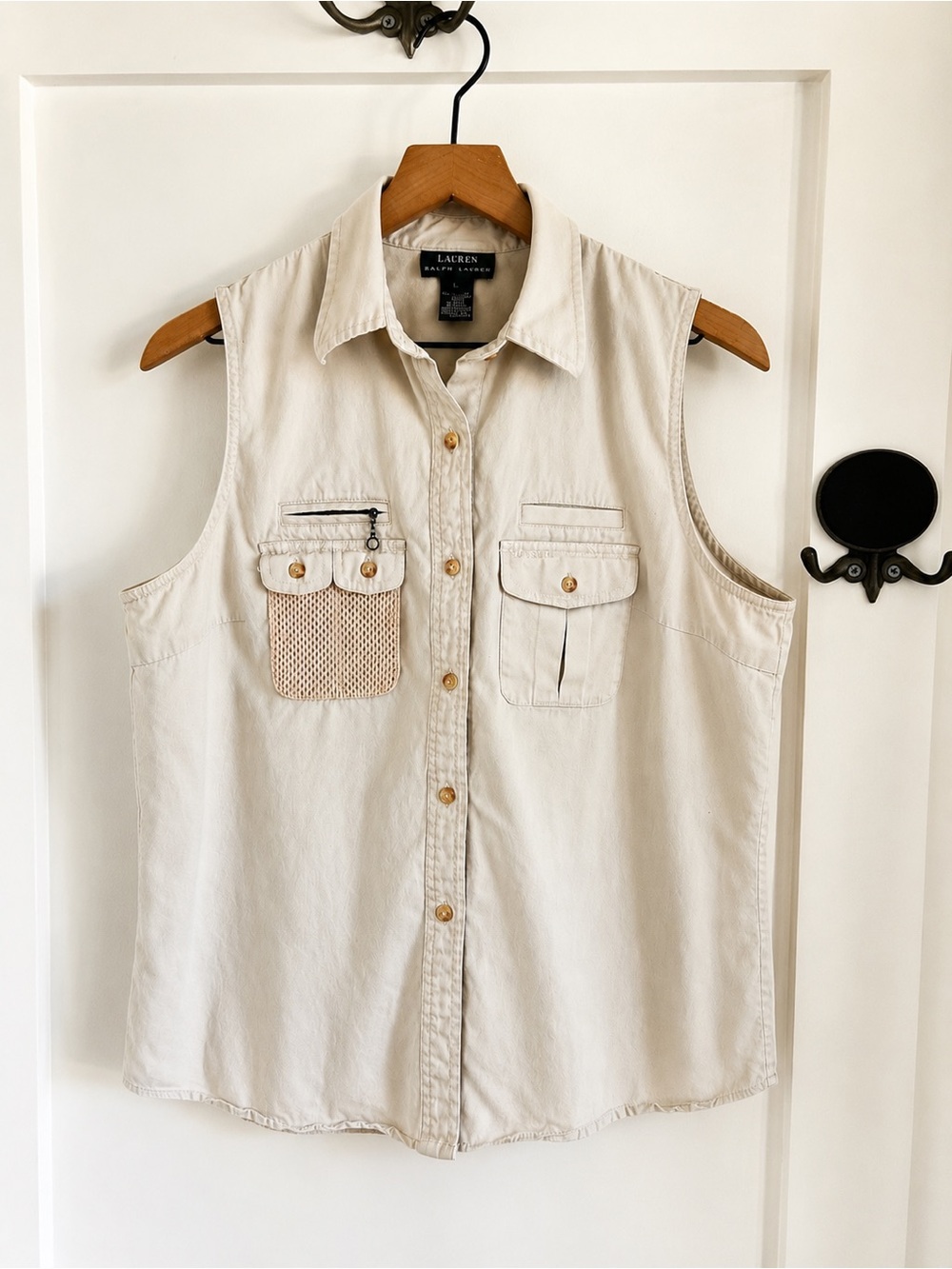 Vtg Lauren Ralph Lauren Safari Utility Vest Shirt | Cotton Fishing Pocket Top